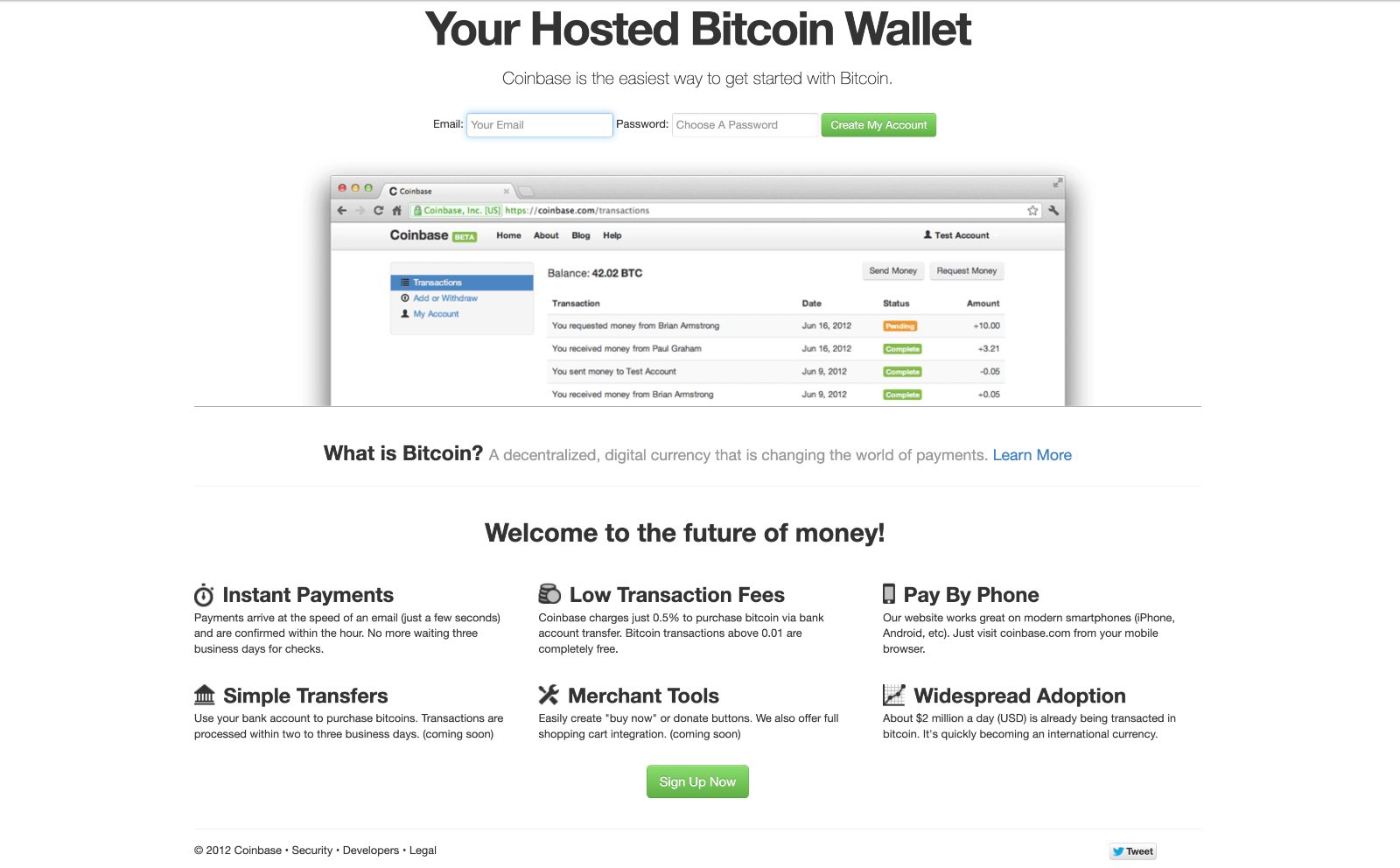 Coinbase homepage 2012