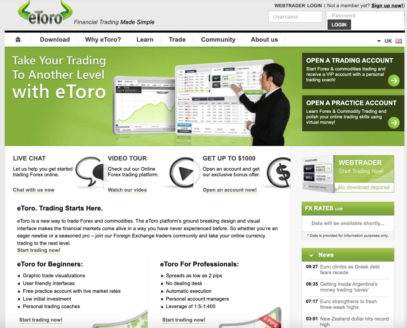 eToro homepage 2009