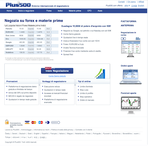Homepage di Plus500 nel 2009