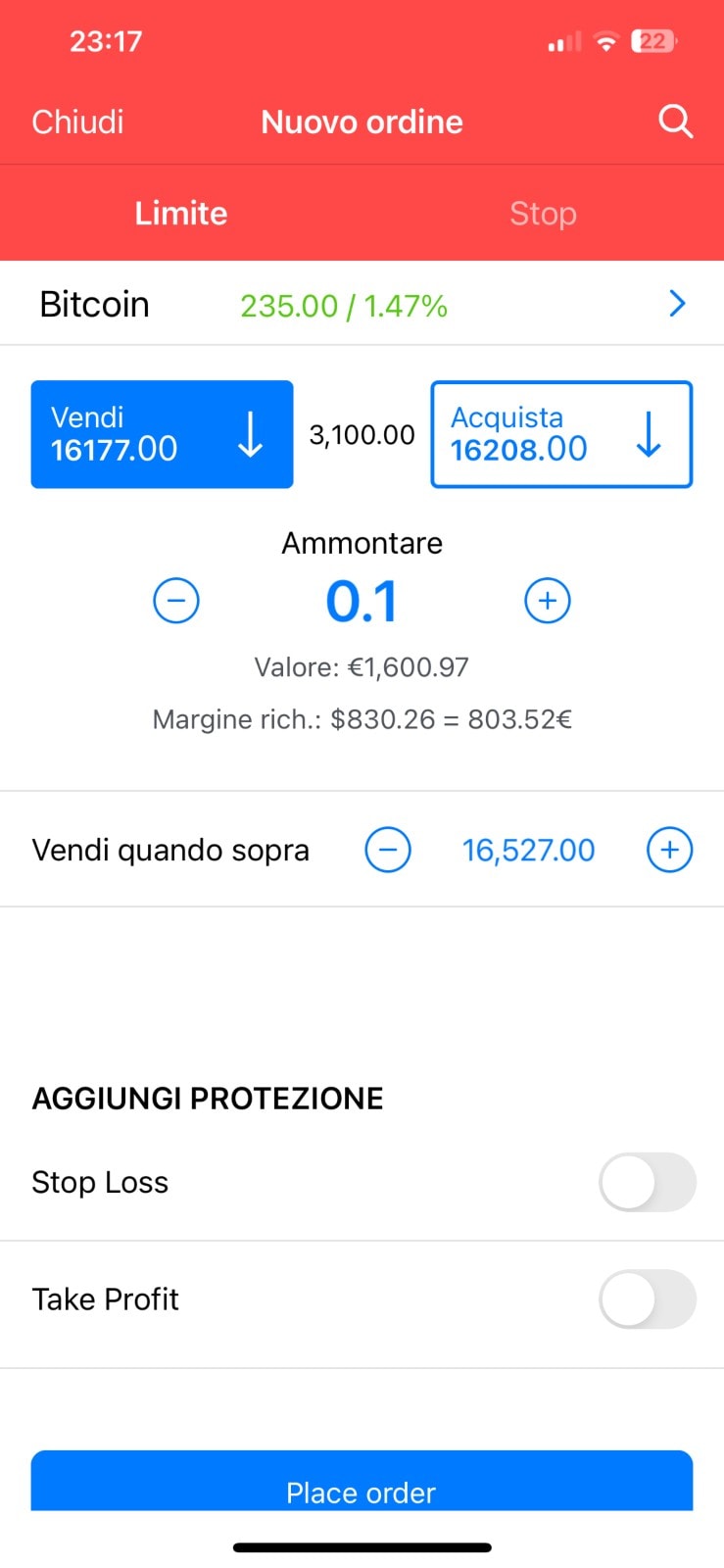Trading BTC su app Capex.com